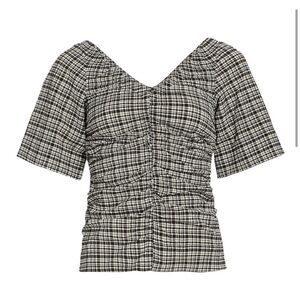 Ganni Seersucker V-neck Blouse Black Mini Check size 4
